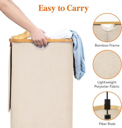 Lifewit 120L Laundry Basket - Foldable Hamper with Lid & Bamboo Handles | Beige, Large Capacity