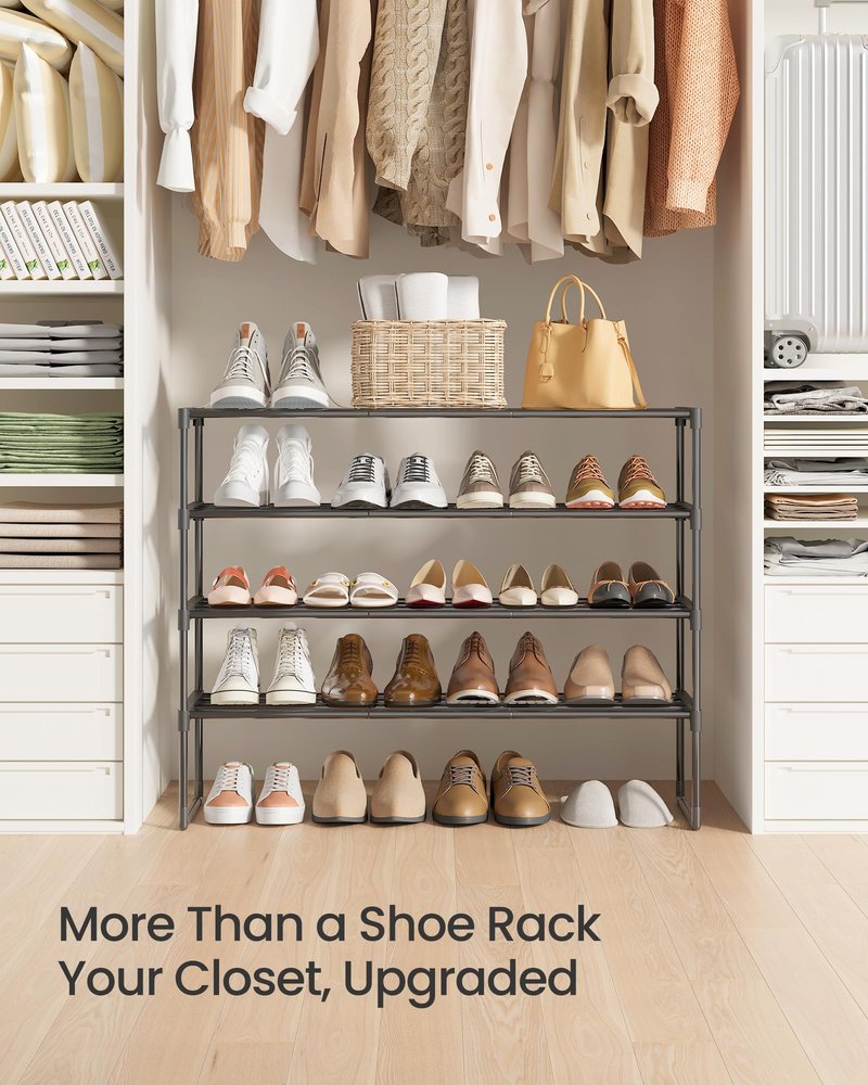 SONGMICS Shoe Rack, 4-Tier Shoe Organizer, Metal Storage Shelf, Upright or Upside Down, for 20-25 Pairs, Stackable, for Entryway, 11.8 x 36.2 x 29.1 Inches, Black ULSA14BK