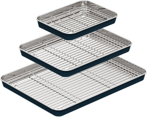 BRONYPRO Stainless Steel Baking Sheet Set - Non-Toxic Cookie Sheets with Wire Racks | 9/12/16 Inch, Navy