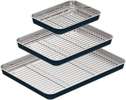 BRONYPRO Stainless Steel Baking Sheet Set - Non-Toxic Cookie Sheets with Wire Racks | 9/12/16 Inch, Navy