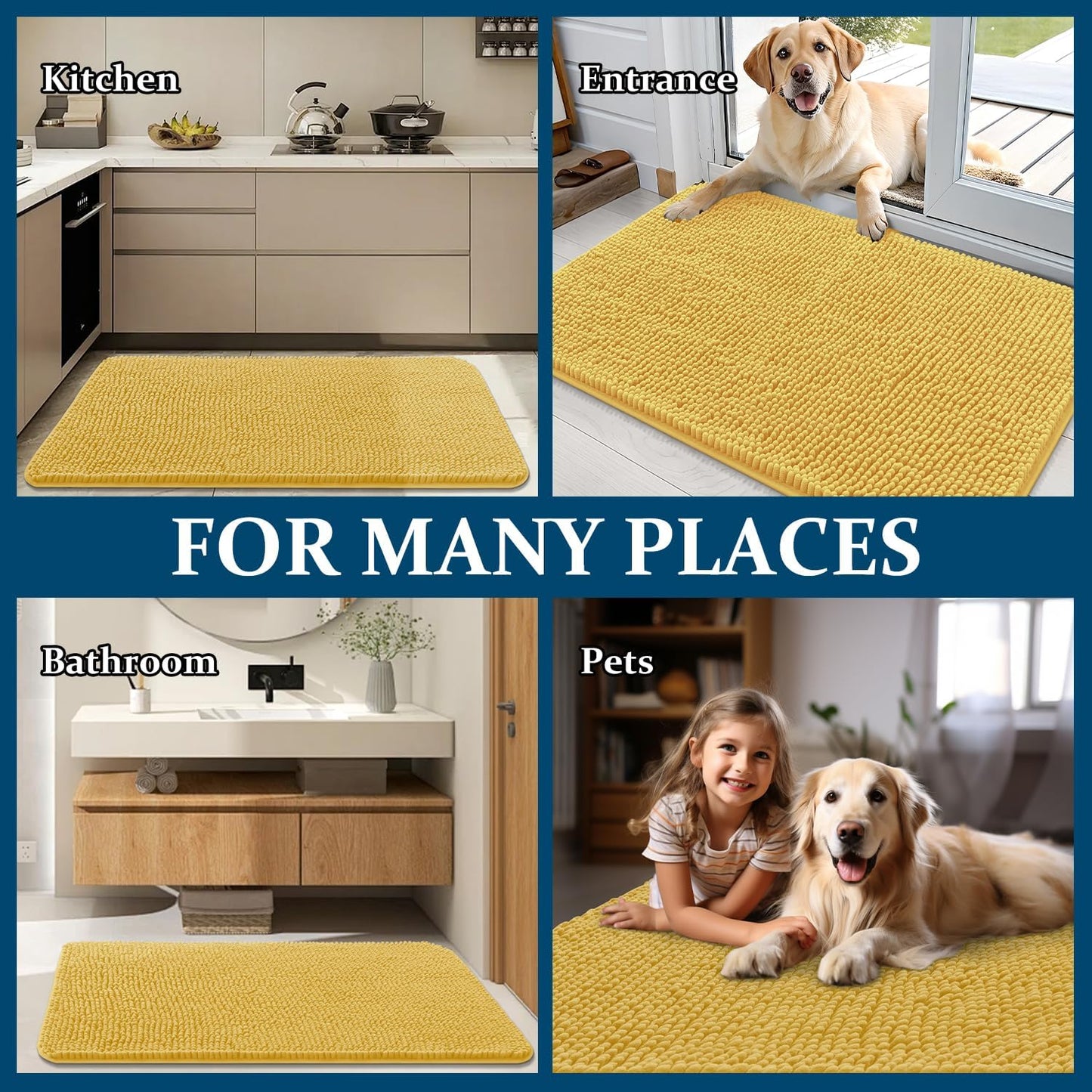 OLANLY Dog Door Mat - Absorbent Non-Slip Chenille for Muddy Paws | 70x32 Inches, Quick Dry Yellow