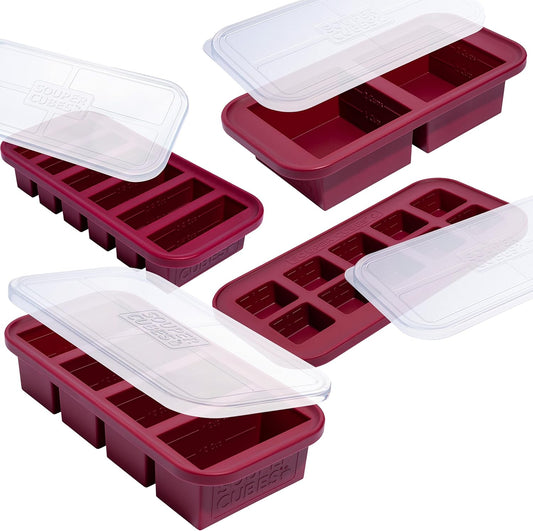 Souper Cubes Silicone Freezer Molds - Meal Prep Gift Set with 2 Tbsp, 1/2, 1, & 2 Cup Trays - Cranberry
