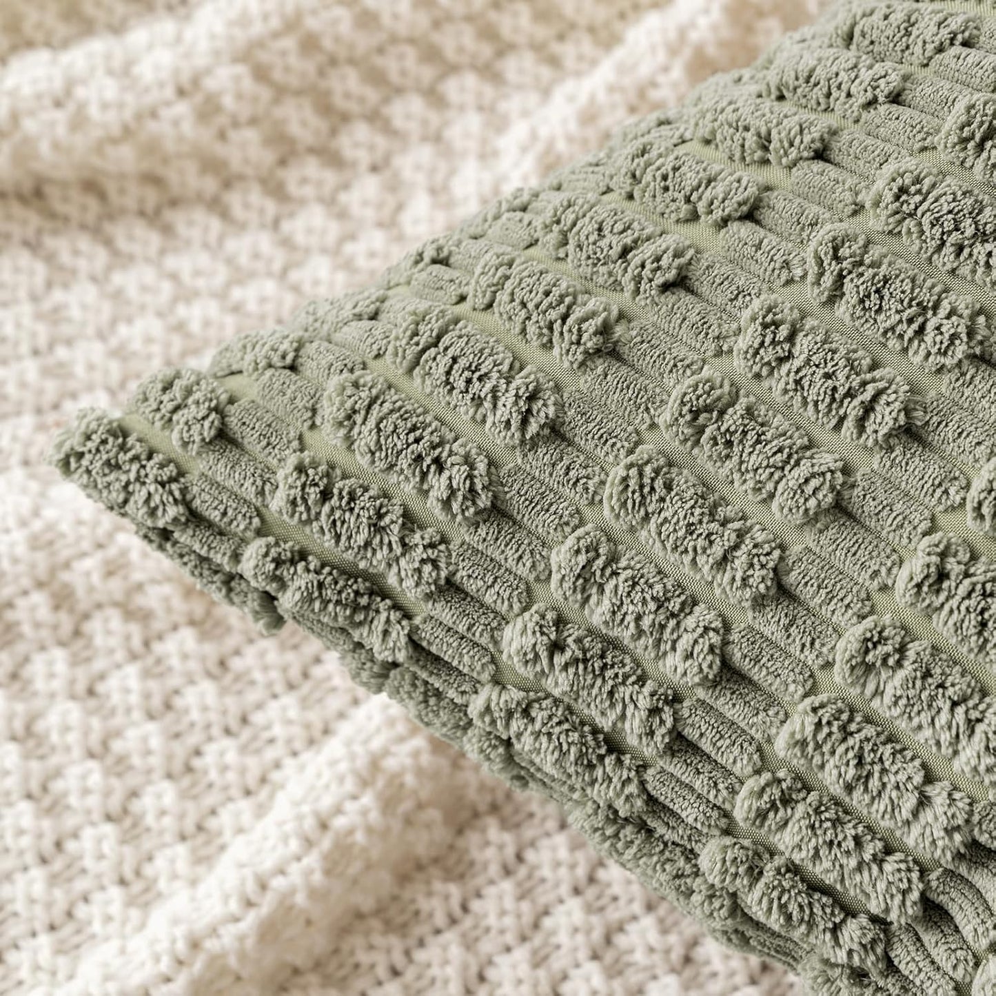 MIULEE Corduroy Throw Pillow Covers - Soft Boho Striped Design | 18x18 Inch Light Olive Green for Modern Home Decor