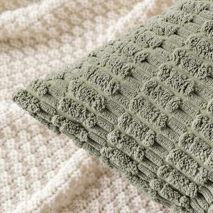 MIULEE Corduroy Throw Pillow Covers - Soft Boho Striped Design | 18x18 Inch Light Olive Green for Modern Home Decor