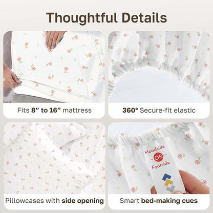 California Design Den Full Size Bed Sheets Set - 100% Cotton, 400 Thread Count, Smooth Sateen Finish, Deep Pockets, Floral Design