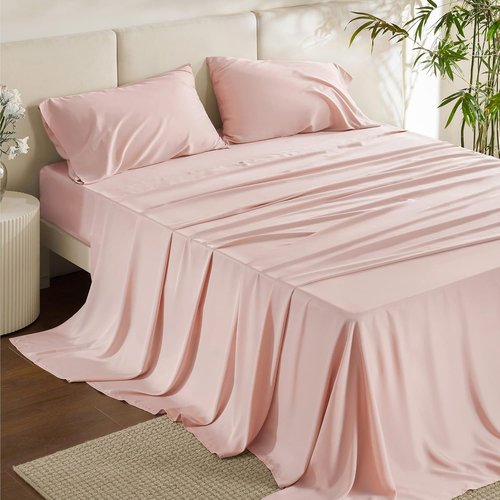 Bedsure Queen Sheet Set - Cooling Bamboo Sheets | Breathable & Soft PureWoven Fabric, Deep Pocket Up to 16 Inches, Pink