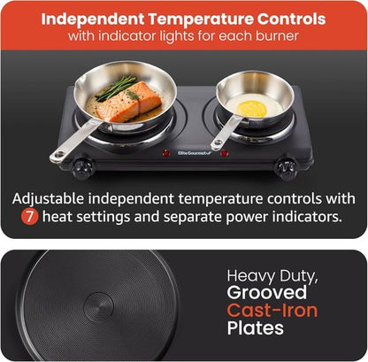 Elite Gourmet Countertop Double Cast Iron Burner - 1500 Watts Electric Hot Plate with Temperature Controls & Power Indicator Lights - Easy to Clean, Black (Pack of 3)
