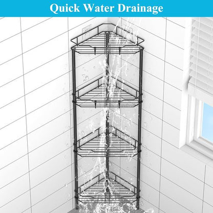 HuggieGems Corner Shower Caddy Organizer - 4 Tier Floor Standing Shelf with Hooks | Matte Black Finish