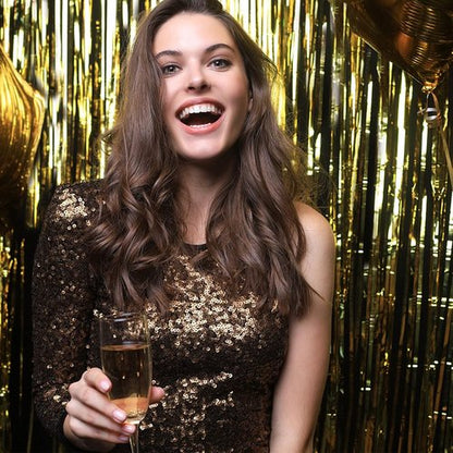 Gold Metallic Tinsel Foil Fringe Curtains by [Brand Name] - 5 Pack Photo Booth Props for Parties & Celebrations