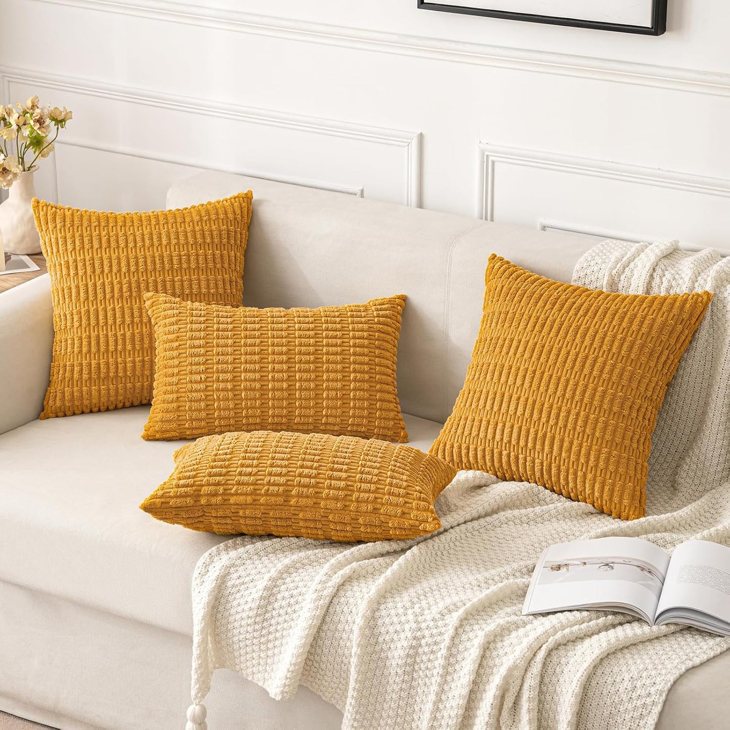 MIULEE Corduroy Throw Pillow Covers - Soft Boho Striped Design | 16x16 Inch, Gold Yellow, Set of 2
