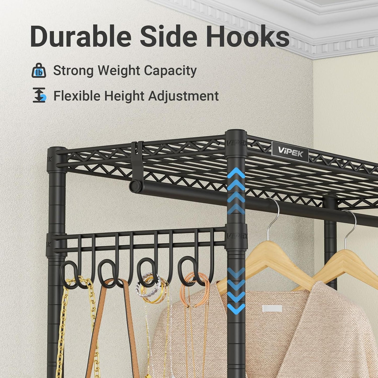 VIPEK R2 Plus Heavy Duty Garment Rack - Adjustable 3-Tier Wire Shelving with Double Rods & Hooks | Black