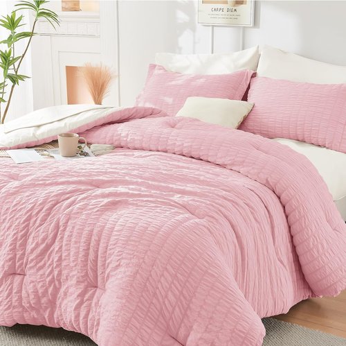 HYMOKEGE Full Size Comforter Set - Luxury 7-Piece Seersucker Bedding in Pink/Ivory for All Seasons
