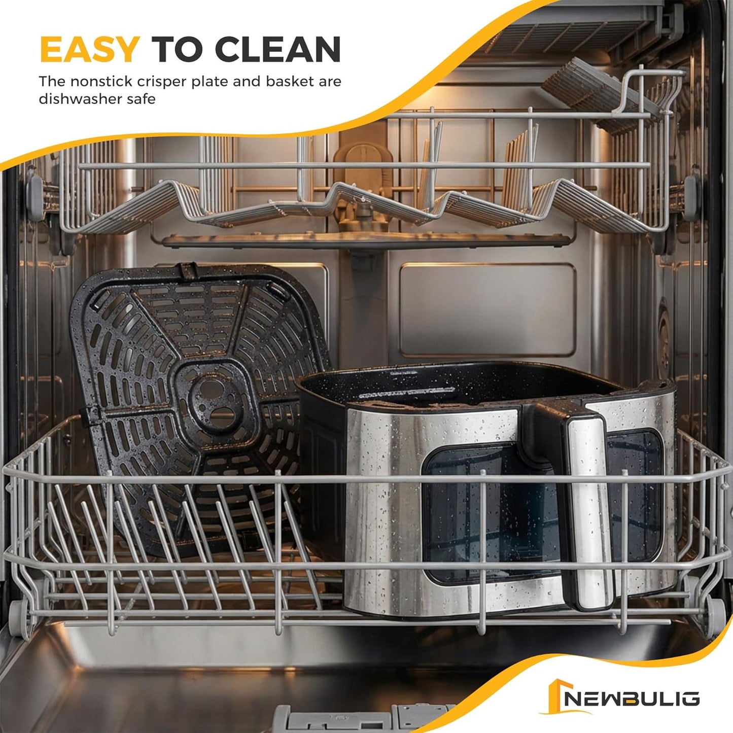 NEWBULIG Air Fryer - 6.34QT with Visible Window & Fast Heating - 8-in-1 Cooking Presets, Stainless Steel, White