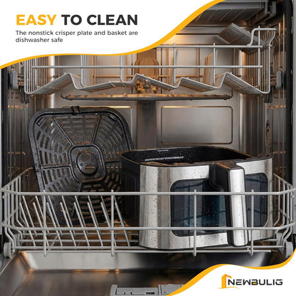 NEWBULIG Air Fryer - 6.34QT with Visible Window & Fast Heating - 8-in-1 Cooking Presets, Stainless Steel, White