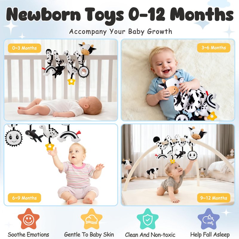 Spiral Car Seat Baby Toys 0-6 Months, Infant Carseat High Contrast Sensory Toys Hanging Stroller Accessories, Newborn Shower Gifts for Baby Boys Essentials Stuff, Cute Black and White Cow