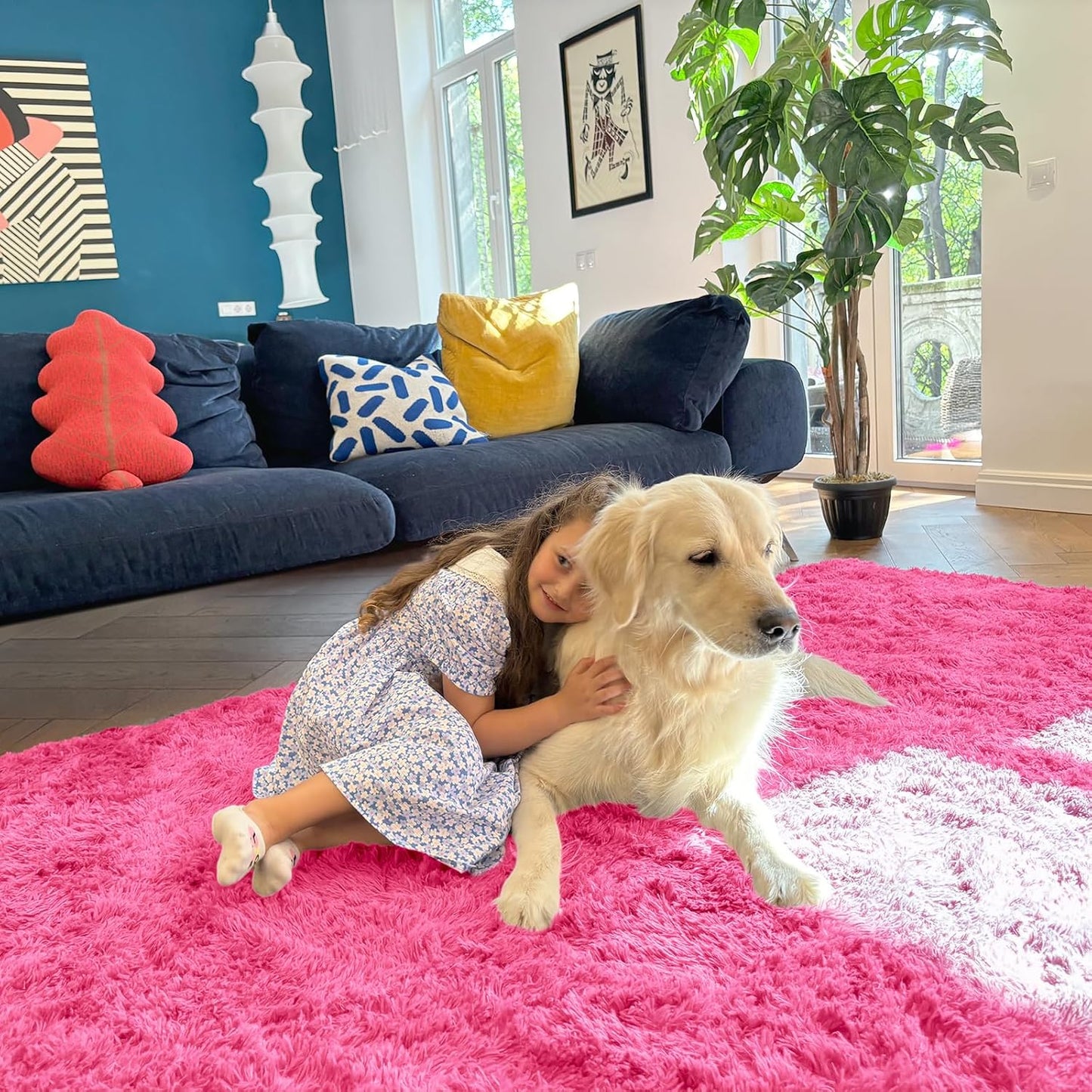 OLANLY Small Bedside Rug - Soft Fluffy Shaggy Throw Rug for Bedroom & Living Room | Hot Pink