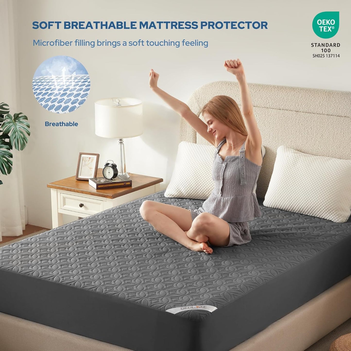 Skiennix Waterproof Mattress Protector - Noiseless Queen Size Pad with Deep Pocket | Soft & Breathable Gray Cover