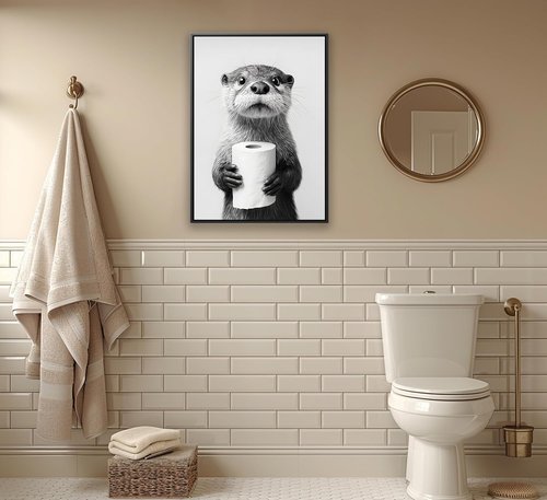 Framed Otter Wall Art - Black and White Funny Bathroom Decor | Unique Toilet Paper Design