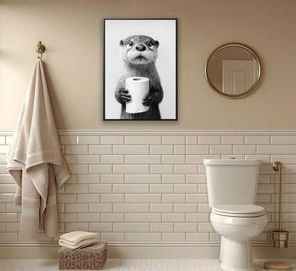 Framed Otter Wall Art - Black and White Funny Animal Decor for Bathroom | Farmhouse Toilet Decoration