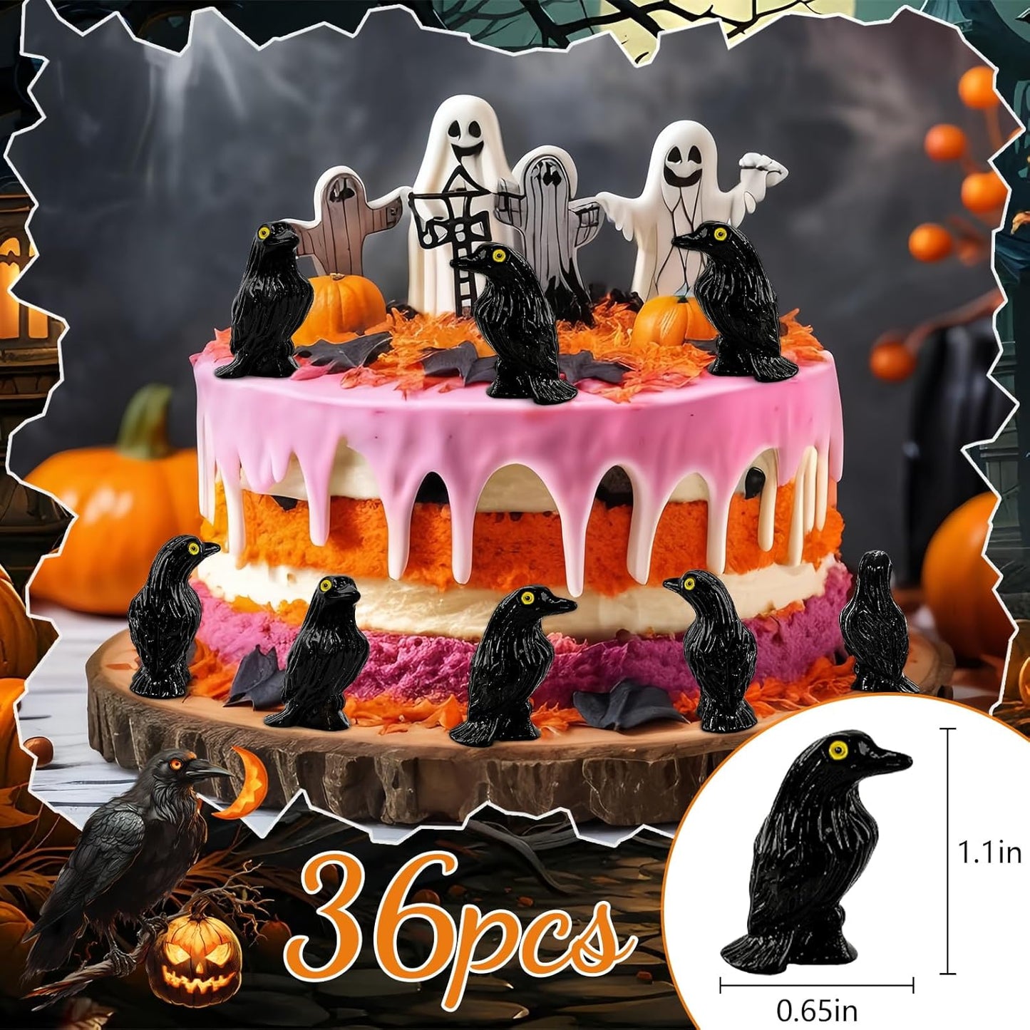 Skiennix Miniature Crows Figurines - 36pcs Tiny Black Raven Cake Toppers for Halloween Decor