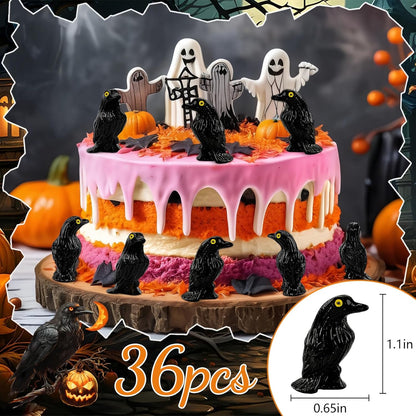 Skiennix Miniature Crows Figurines - 36pcs Tiny Black Raven Cake Toppers for Halloween Decor