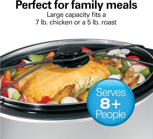 Hamilton Beach 7-Quart Portable Slow Cooker - Serves 8+ | Dishwasher Safe with Lid Latch Strap, Brushed Silver