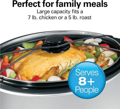 Hamilton Beach 7-Quart Portable Slow Cooker - Serves 8+ | Dishwasher Safe with Lid Latch Strap, Brushed Silver