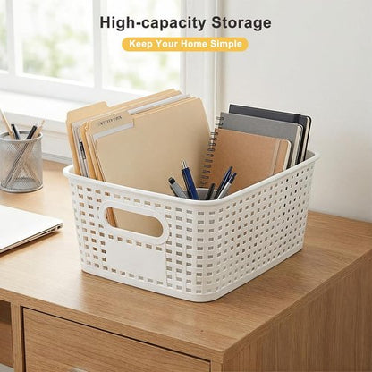AREYZIN Plastic Storage Bins - Stackable Organizing Baskets with Lids | 6 Pack, 10.2x7.2x4.1 Inch, White
