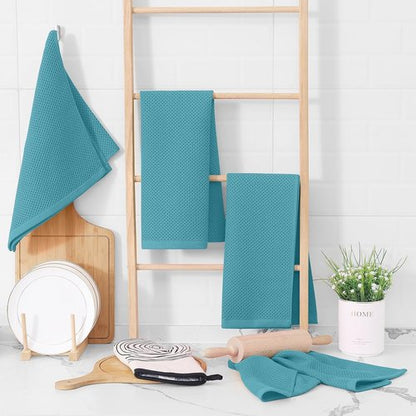 Homaxy Kitchen Dish Towels - 100% Cotton Waffle Weave, Ultra Soft & Absorbent, 13 x 28 Inches, 4-Pack | Lake Blue