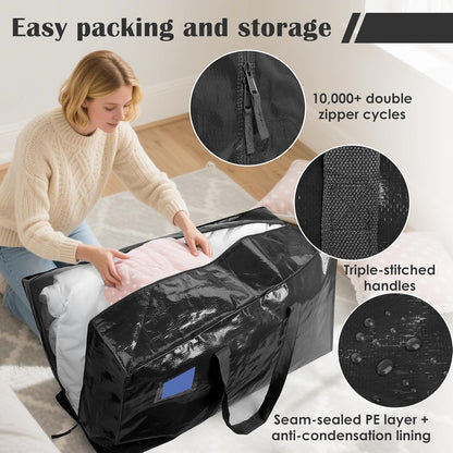 Skiennix 6 Pack Moving Bags - Extra Large 93L Waterproof Storage Totes for Home & College | Black