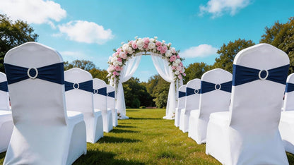 Skiennix 50 Pack Navy Blue Stretch Spandex Chair Sashes - Elastic Bows with Slider Buckles for Weddings & Events