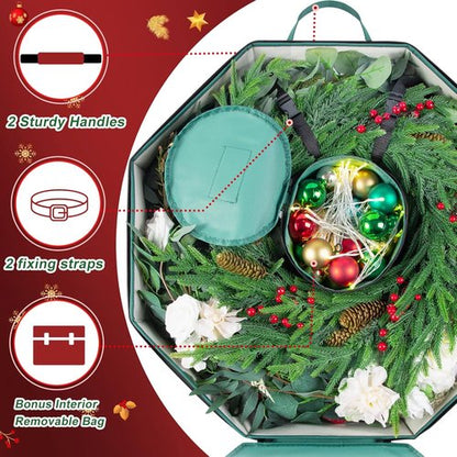BrilliantJo Wreath Storage Bag - Hard Shell Christmas Decorations Case with Pockets | 24-Inch Green 600D Oxford Fabric