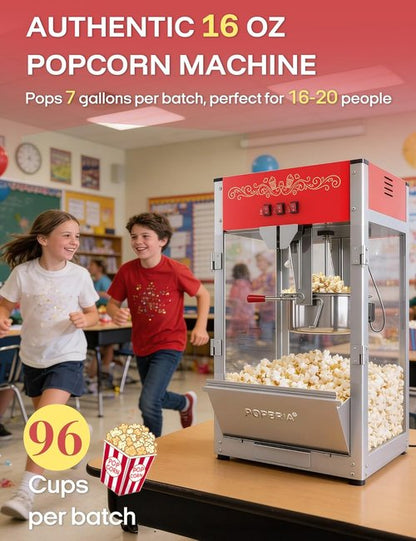 Commercial Popcorn Machine - Authentic 16oz Kettle Popcorn Maker with Warming Deck | 1600W Red