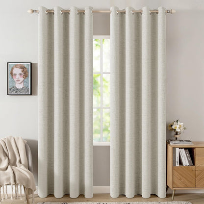 MIULEE 90-Inch Linen Texture Curtains - Light Cream 100% Blackout Thermal Insulated Drapes | 52x90 Inch (2 Panels)