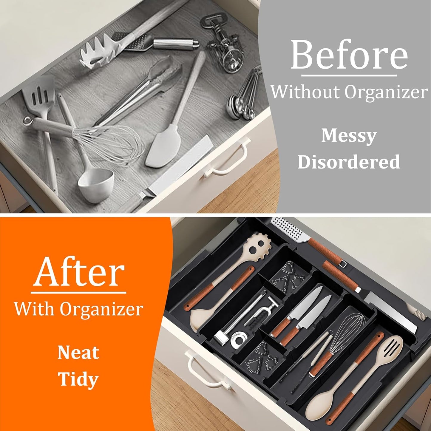 Spaclear Utensil Drawer Organizer - Expandable Silverware Holder for Kitchen | Adjustable Black Plastic Tray