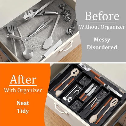 Spaclear Utensil Drawer Organizer - Expandable Silverware Holder for Kitchen | Adjustable Black Plastic Tray
