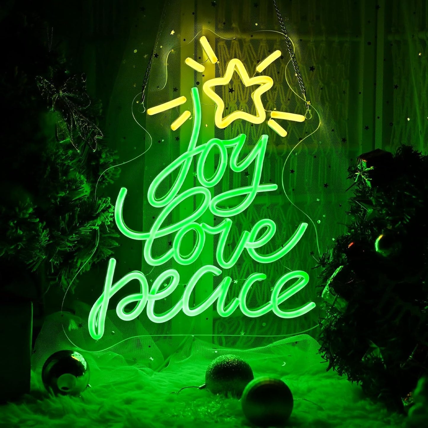 Neon Sign by Christmas Tree - USB Powered LED Wall Decor | Peace, Love, Joy Design for Holiday Parties
