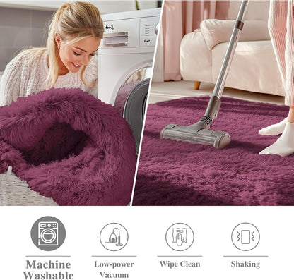 OLANLY Round Burgundy Area Rug - Soft, Fluffy, Machine Washable 3 ft Circle Carpet for Bedrooms & Living Rooms