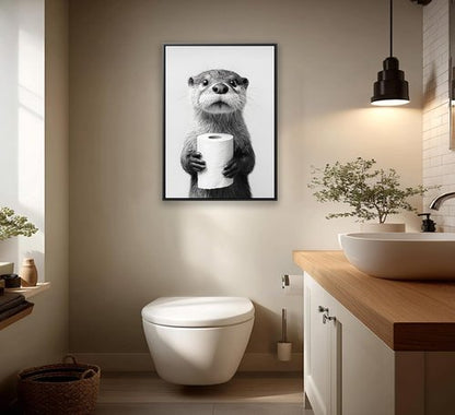 Framed Otter Wall Art - Black and White Funny Bathroom Decor | Unique Toilet Paper Design
