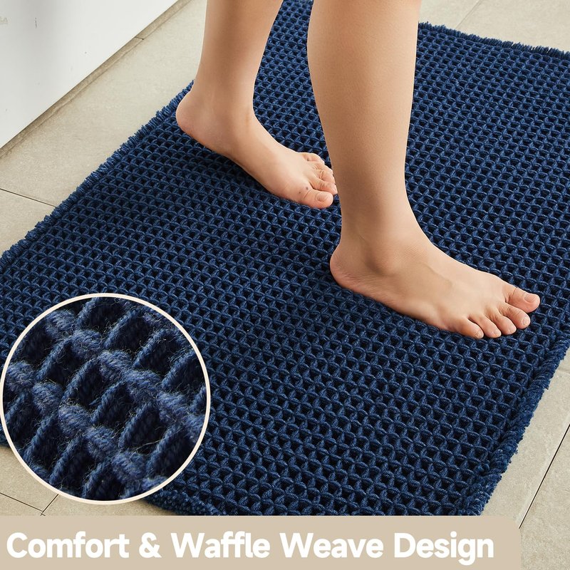 TYUU Waffle Bath Mat, Boho Bathroom Rugs Non Slip Washable Super Absorbent Quick Dry Bath Mat Farmhouse Bathroom Decor, 24"x16" Navy Blue
