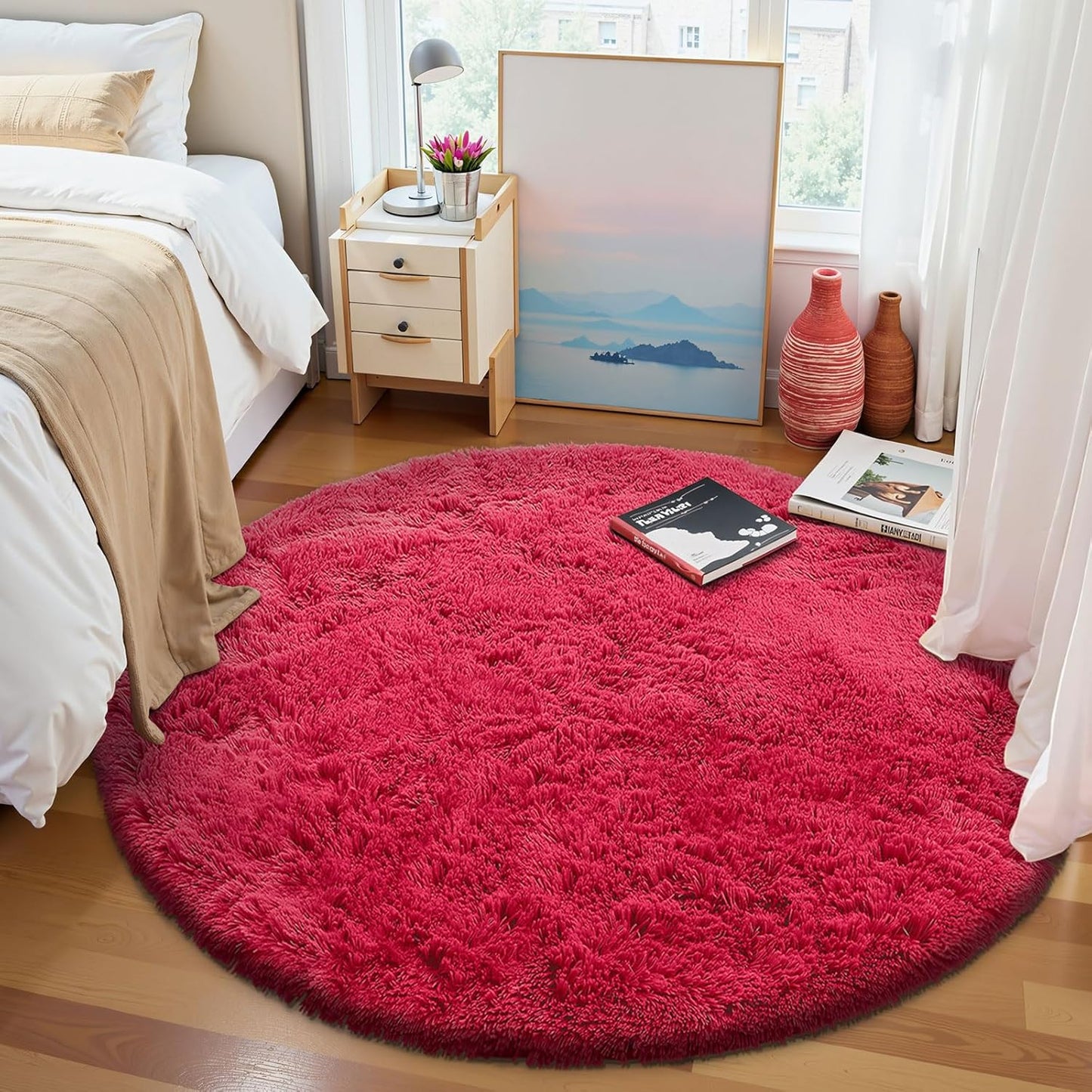 OLANLY Red Round Area Rug - Soft, Fluffy, Machine Washable 8 ft Circle Carpet for Bedroom & Living Room