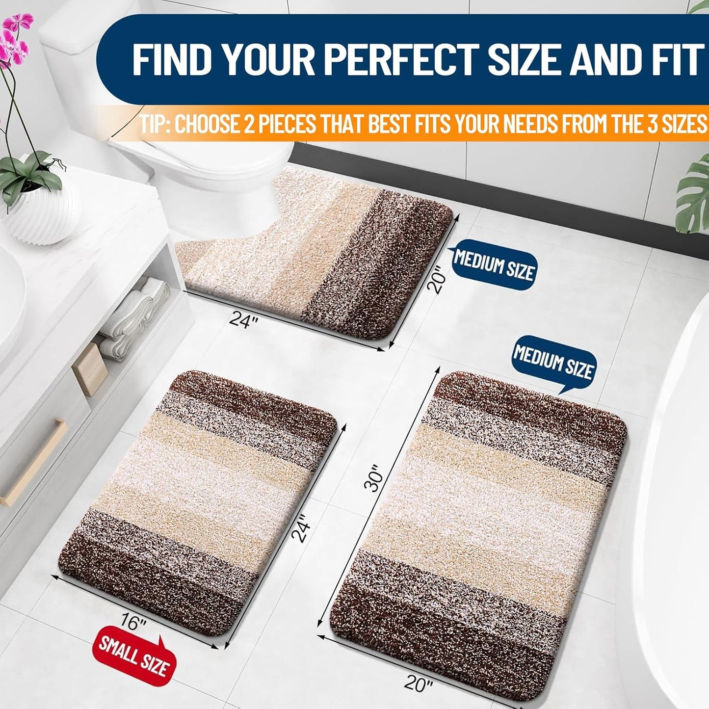 OLANLY Bathroom Rug Set - Soft Absorbent Microfiber Mats & U-Shaped Toilet Rug | Non-Slip, Machine Washable, Brown (24"x16" + 24"x20")