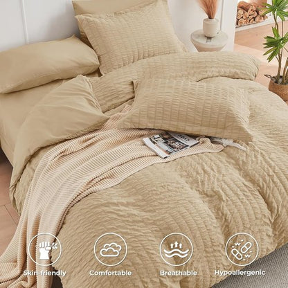 HYMOKEGE King Size Comforter Set - Luxury 7-Piece Seersucker Bedding Set in Khaki | All-Season Comfort