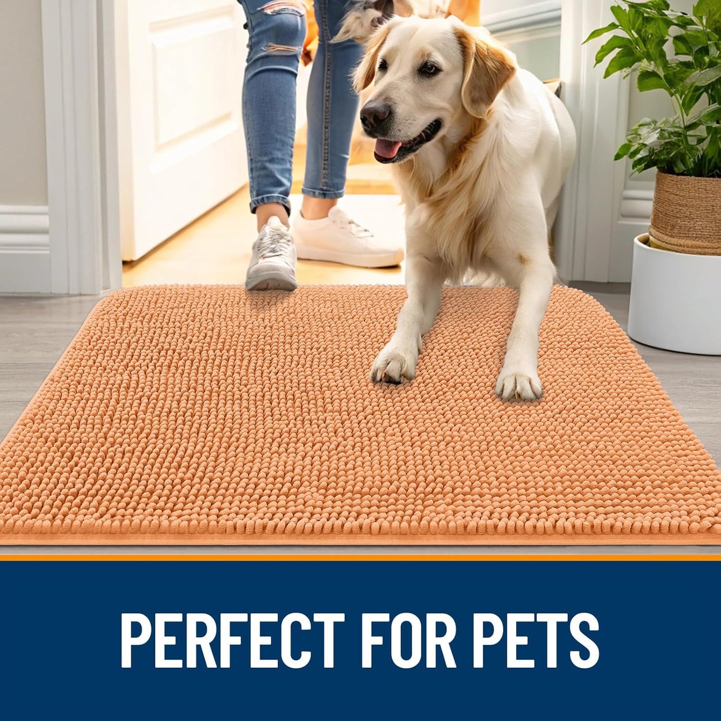 OLANLY Dog Door Mat - Absorbent Non-Slip Chenille Mat for Muddy Paws | 36x24 Inches, Quick Dry, Orange