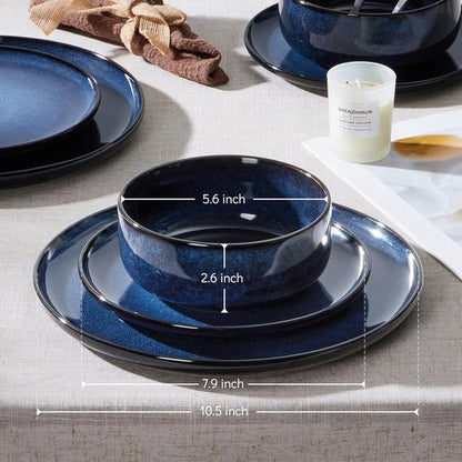 E-far Dinnerware Set - 12-Piece Stoneware Plates & Bowls | Microwave & Dishwasher Safe - Deep Sea Blue
