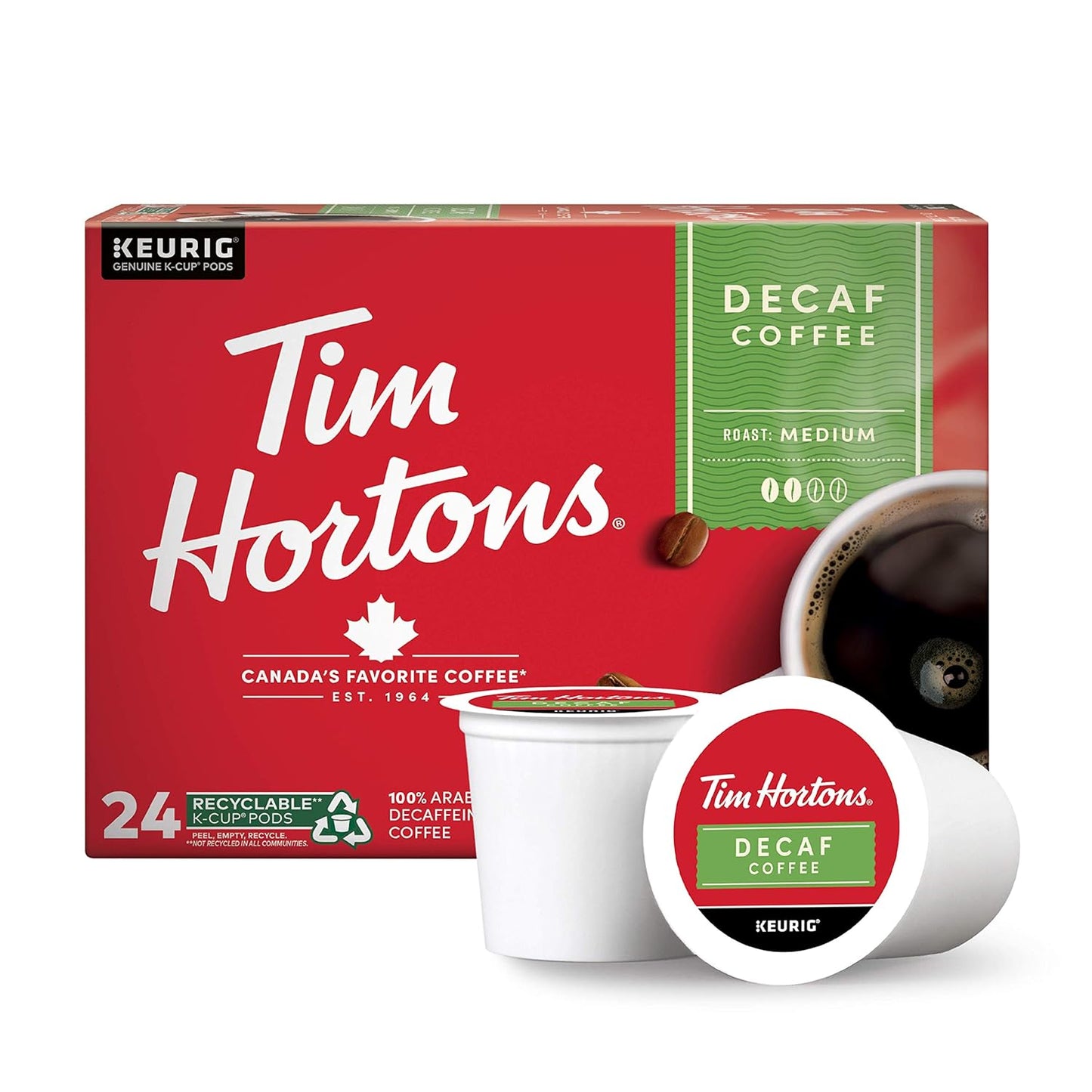 Tim Hortons Decaf Medium Roast Coffee - Single-Serve K-Cup Pods for Keurig Brewers | 24 Count