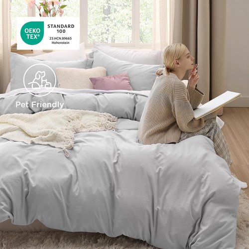 Bedsure Duvet Cover Set - Light Grey Full Size, 3 Pieces of Extra Soft Cotton-Like Polyester with Zipper Closure & Pillow Shams