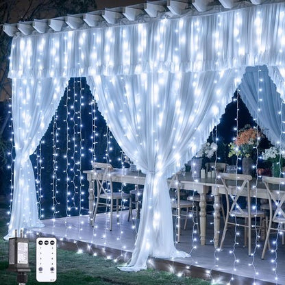 JMEXSUSS Curtain Lights - 900 LED White Indoor/Outdoor String Lights with Remote | 9.5x29.5ft for Decor