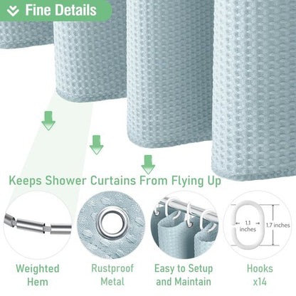 Dynamene Extra Wide Shower Curtain - 84 Inch Wide Waffle Weave Weighted Thick Cloth Bathroom Shower Curtain, Neutral Heavy Duty Hotel Bath Curtain Set with 14 Plastic Hooks, 84x72, Fog Blue