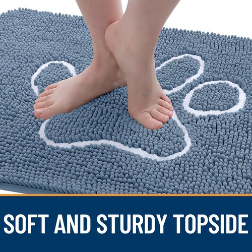 OLANLY Dog Door Mat for Muddy Paws 35x24, Paw Print Design, Absorbs Moisture and Dirt, Non-Slip Washable Doormat, Quick Dry Chenille Mud Mat, Entry Indoor Entryway Carpet, Airy Blue and White
